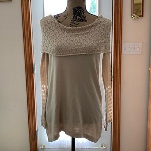 August Silk S ladies sweater. Beige. Lacy, bell sleeves. Soft.